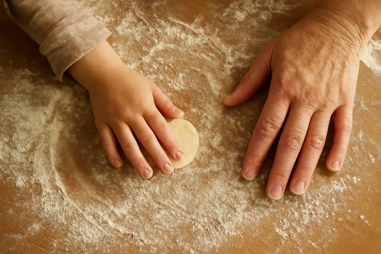 Bàn tay nhỏ vê một viên bột trên mặt bàn, có tay người lớn bên cạnh