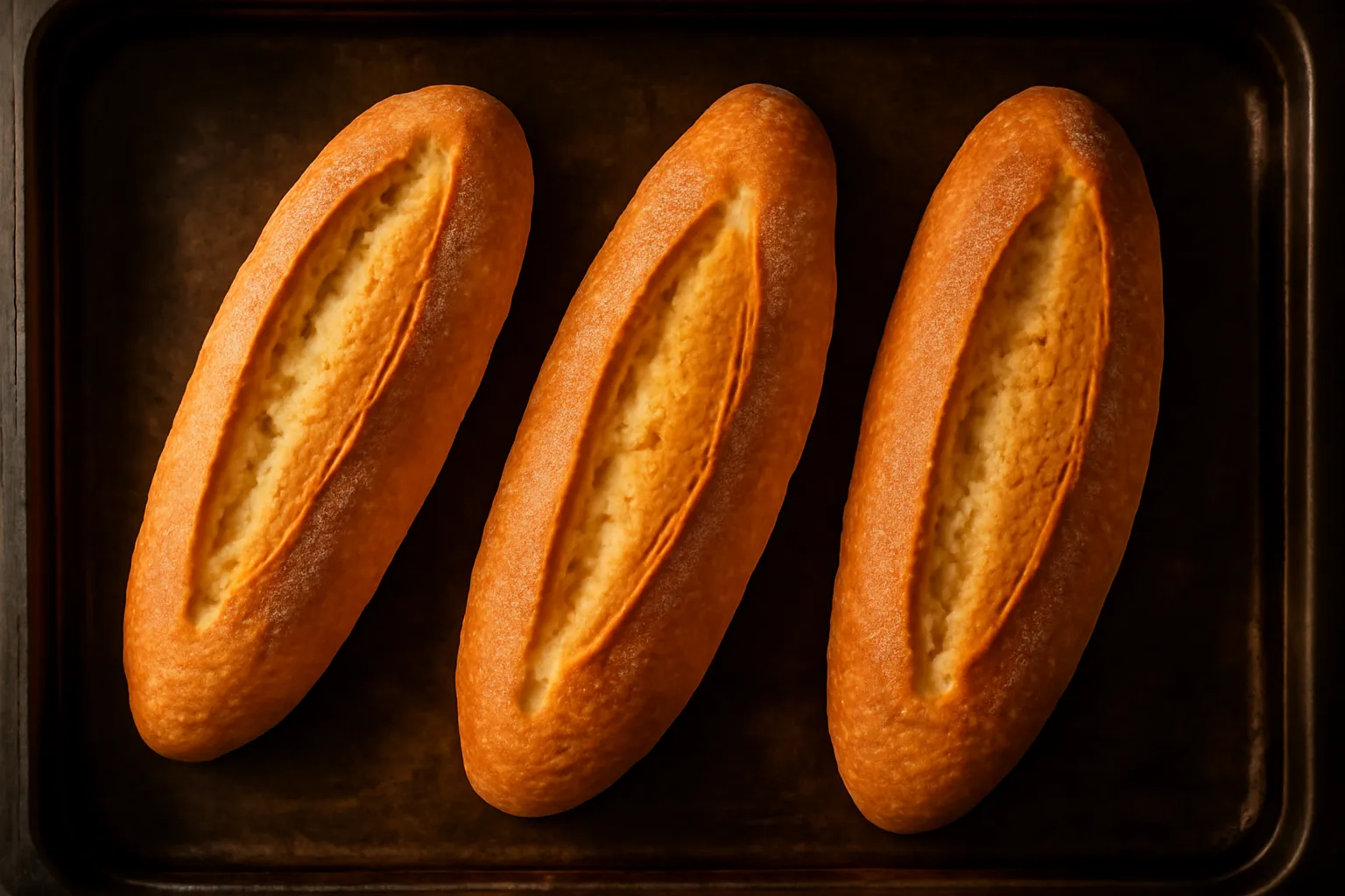 Bốn ổ bánh mì Việt vừa ra lò có tai vểnh rõ trên khay