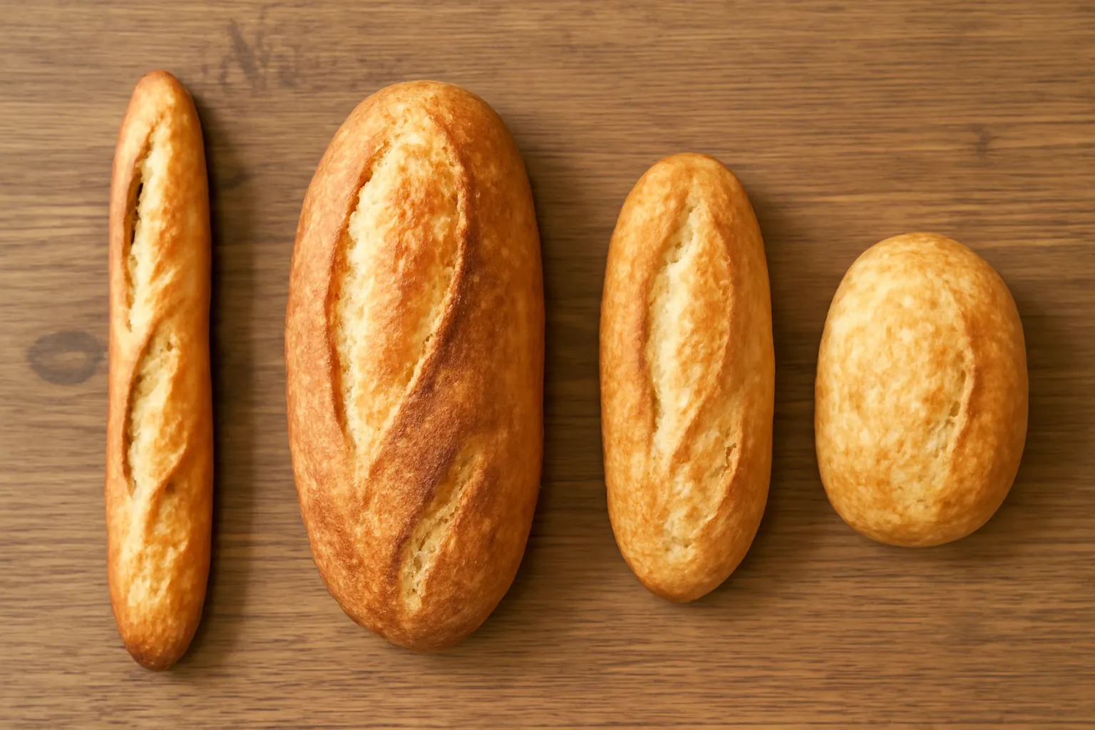Bốn ổ bánh mì kích thước và hình dáng khác nhau xếp cạnh nhau
