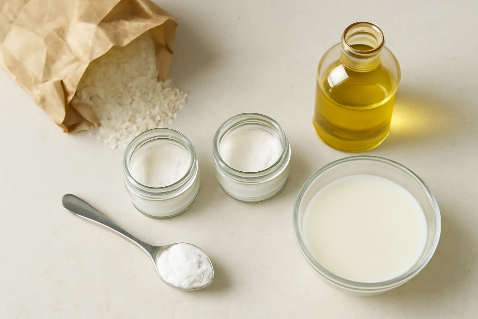 Các hũ nhỏ đựng phụ liệu làm bánh đặt cạnh túi bột mì