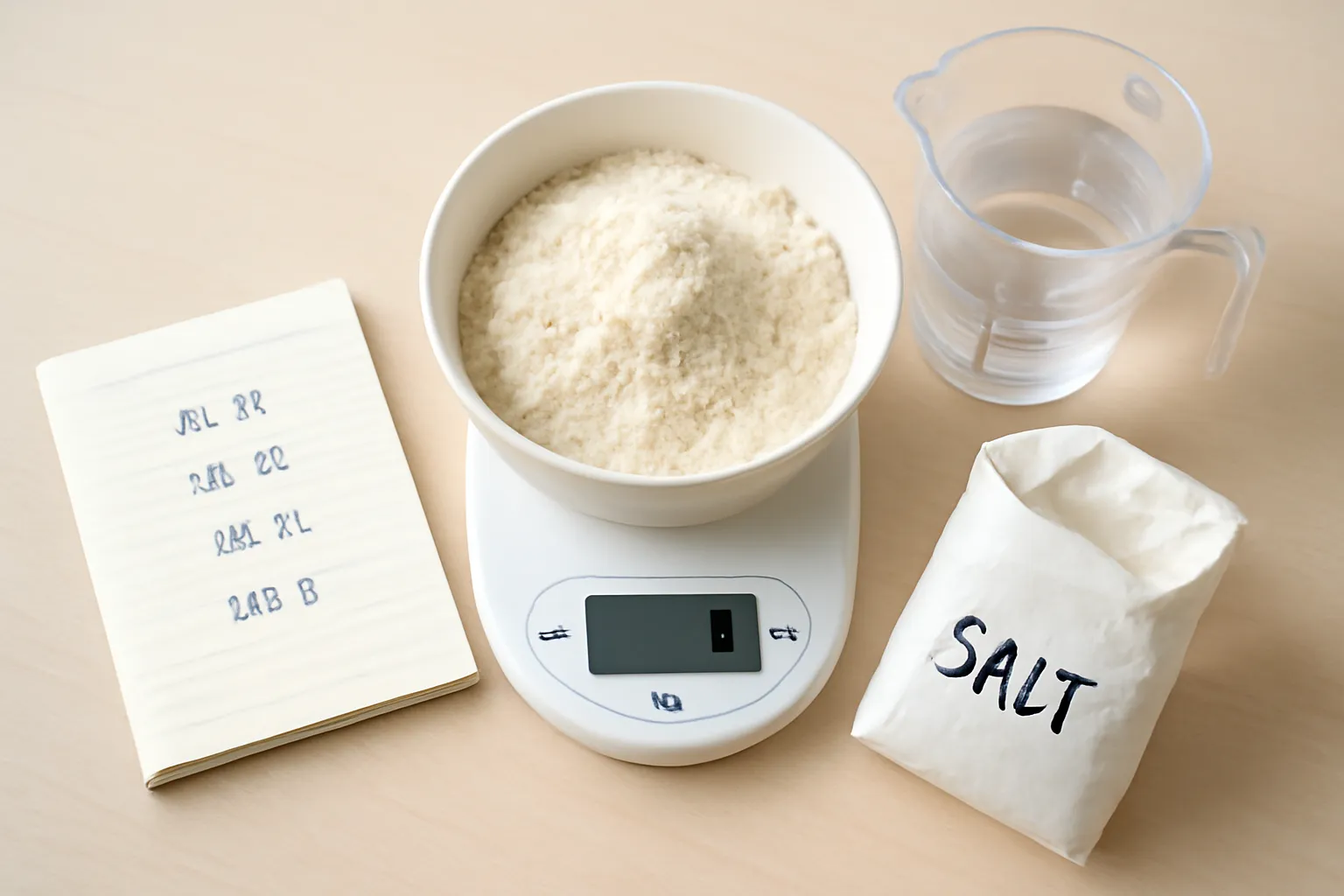 Cân nhà bếp với bát bột và cuốn sổ ghi tỉ lệ bên cạnh