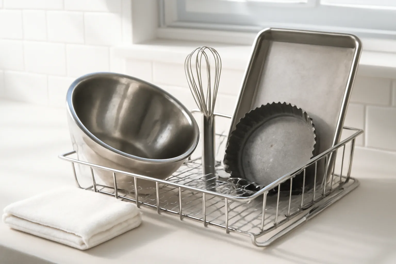 Mặt bếp sạch với dụng cụ đã rửa úp trên giá