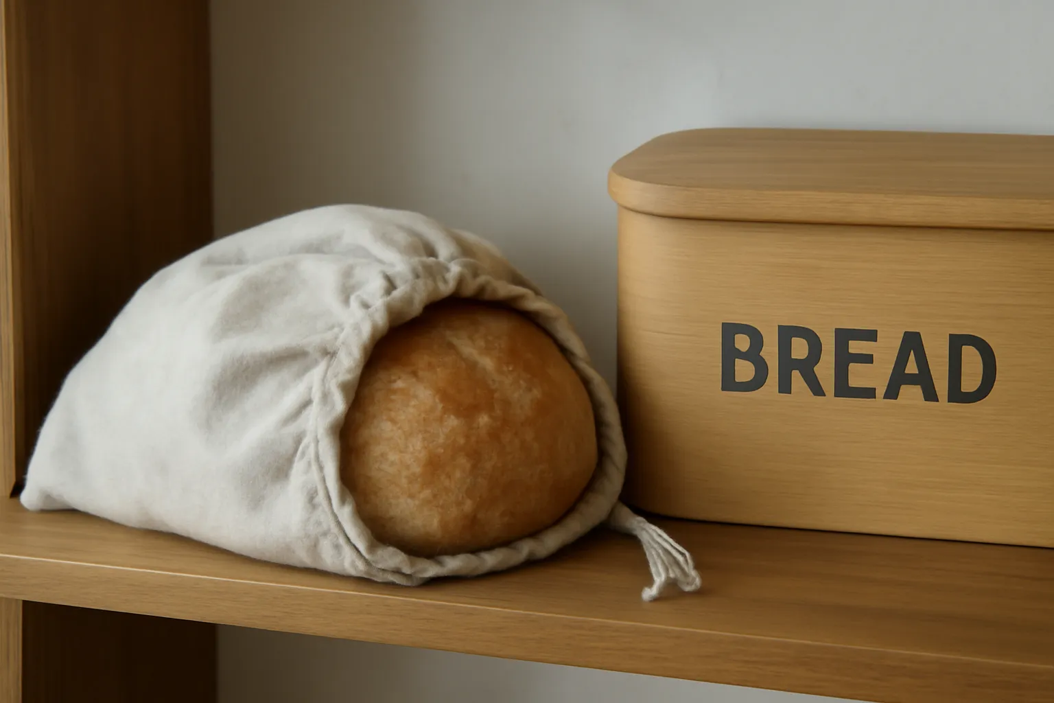 Ổ bánh mì gói trong túi vải đặt trên kệ bếp